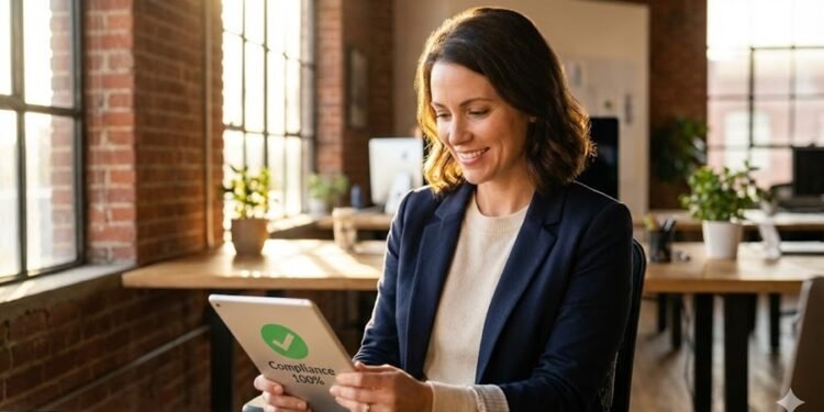 Modern GST billing software dashboard showing revenue graphs and tax breakdowns.